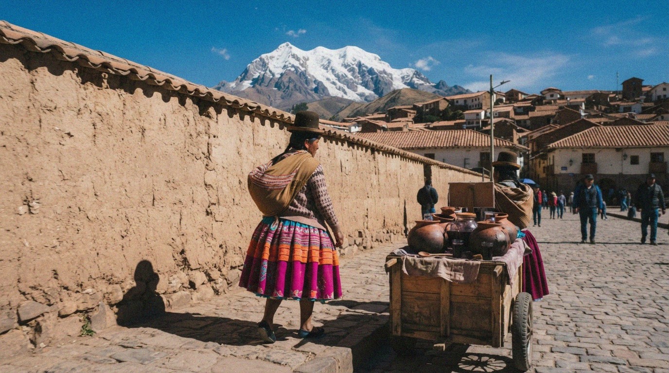High plaza with snow peak behind