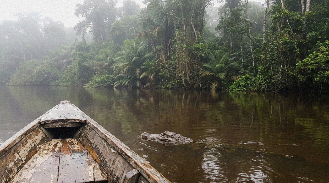 Motor canoe on black Amazon water
