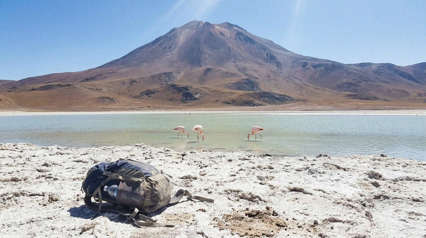 Flamingos on a salt-crust lagoon