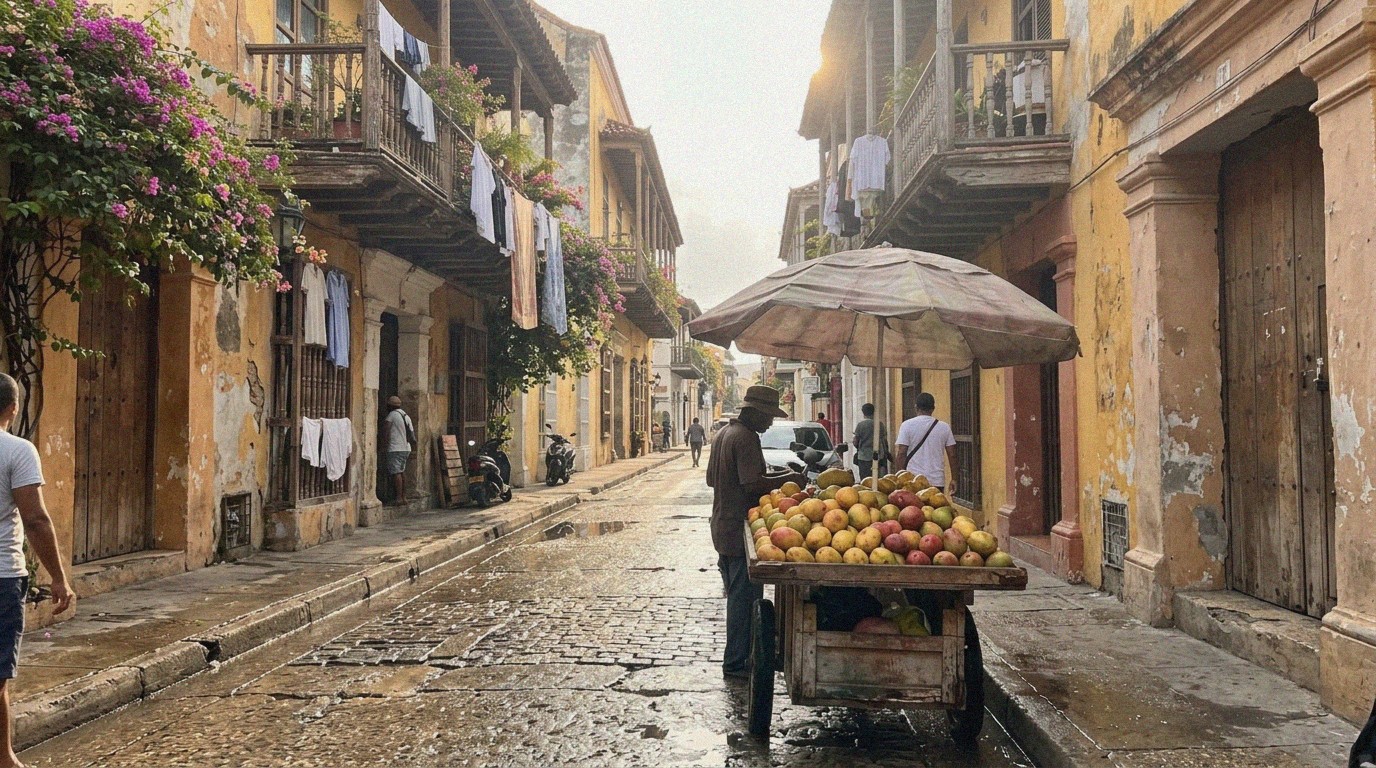 Ochre balconies over a wet lane