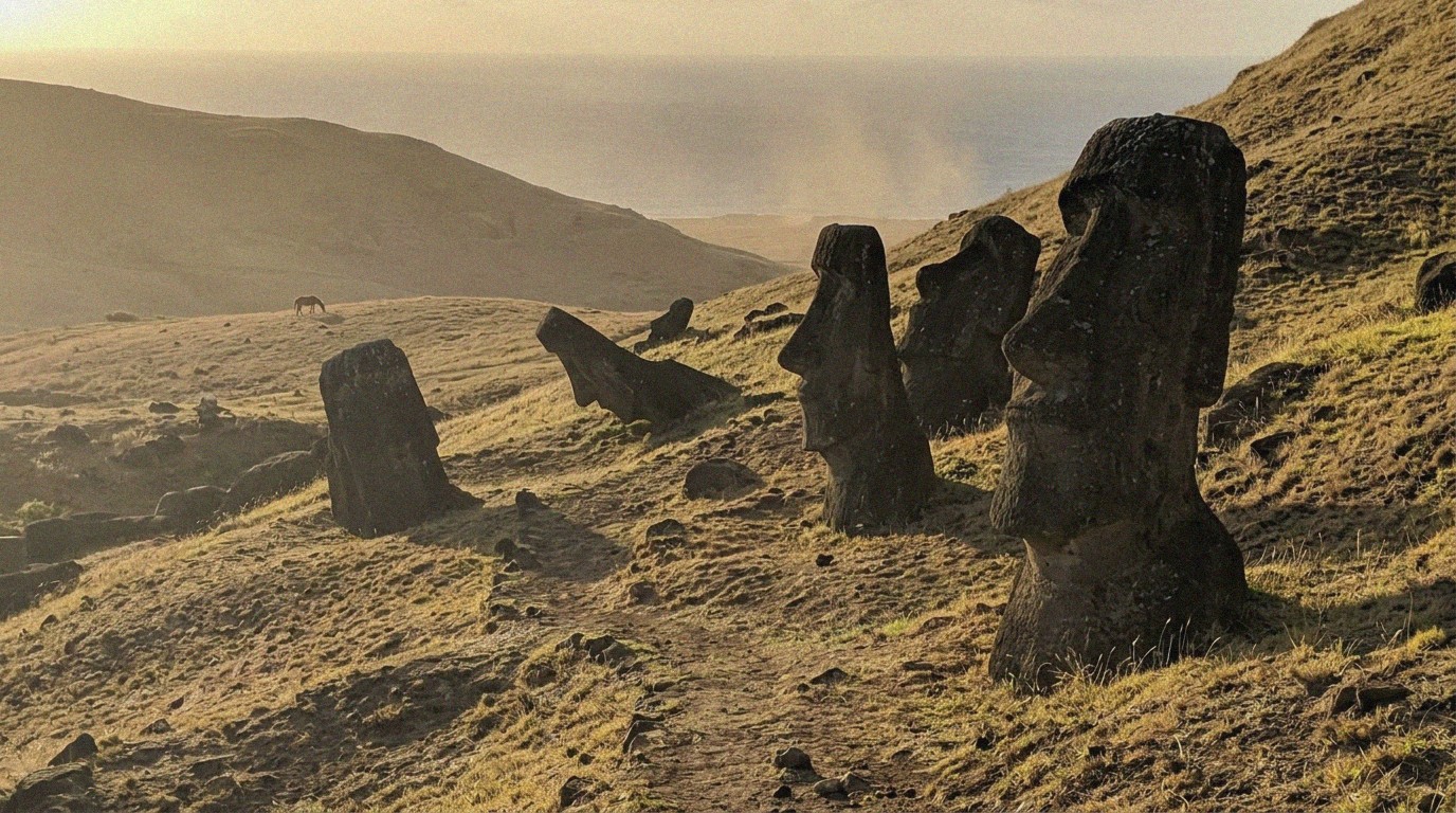 Moai heads at golden backlight