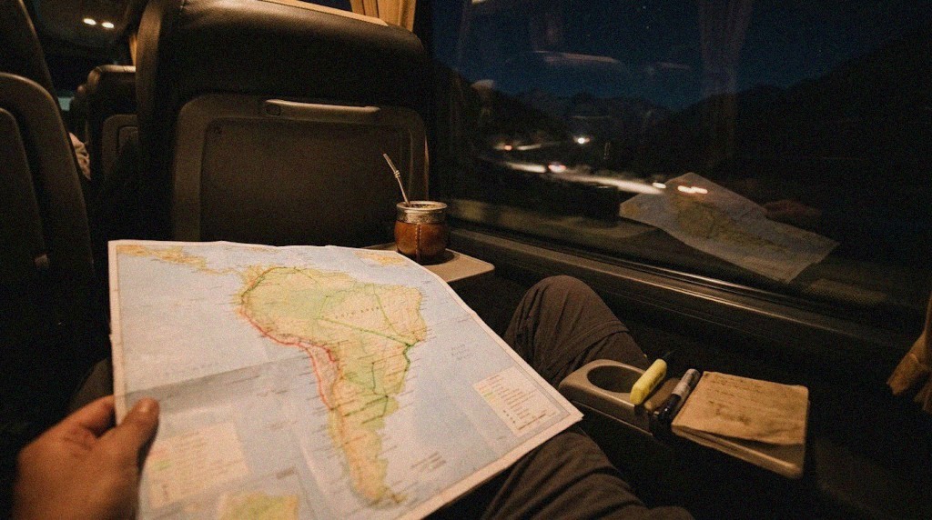 Paper map spread on night-bus knees