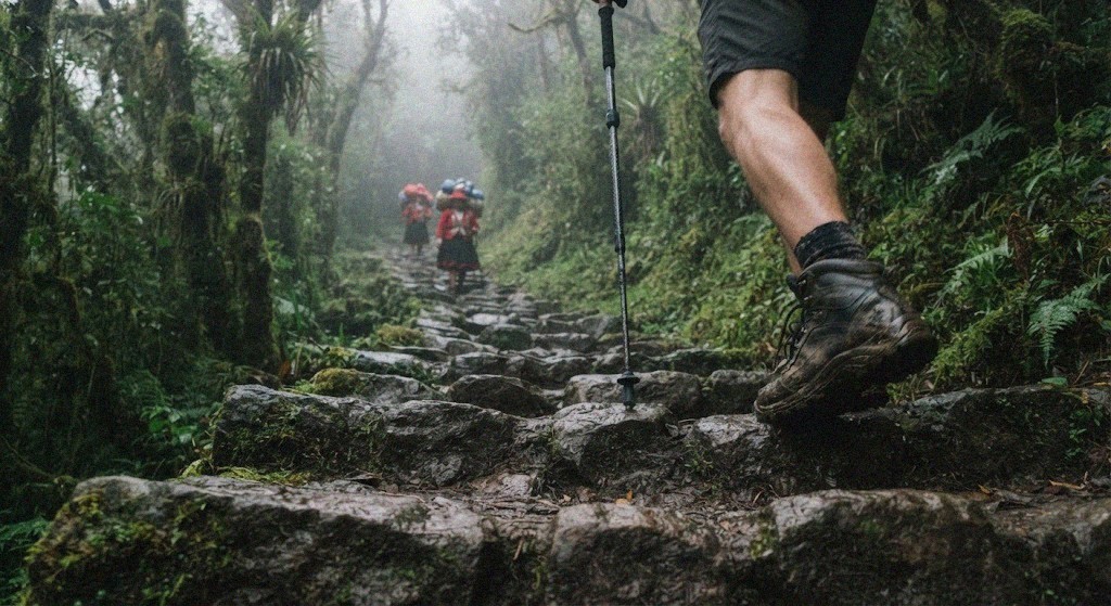 Stone steps climbing into cloud forest