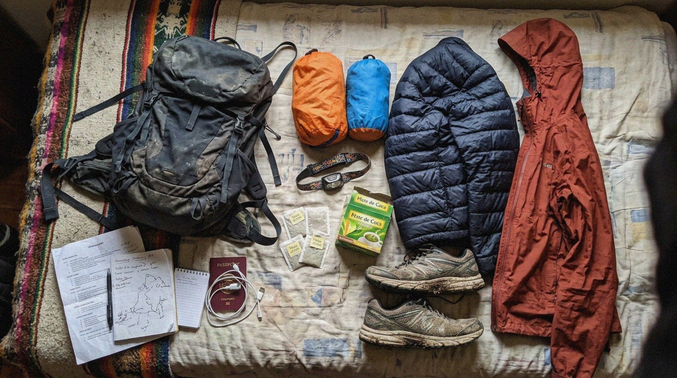 One-bag kit laid out on a bed