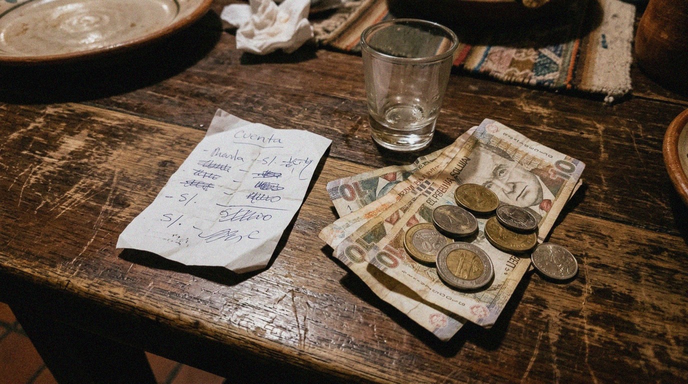 Coins and bill on a wooden table