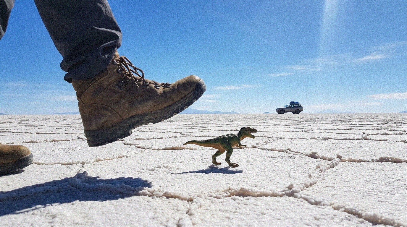 Forced-perspective boot and toy dinosaur