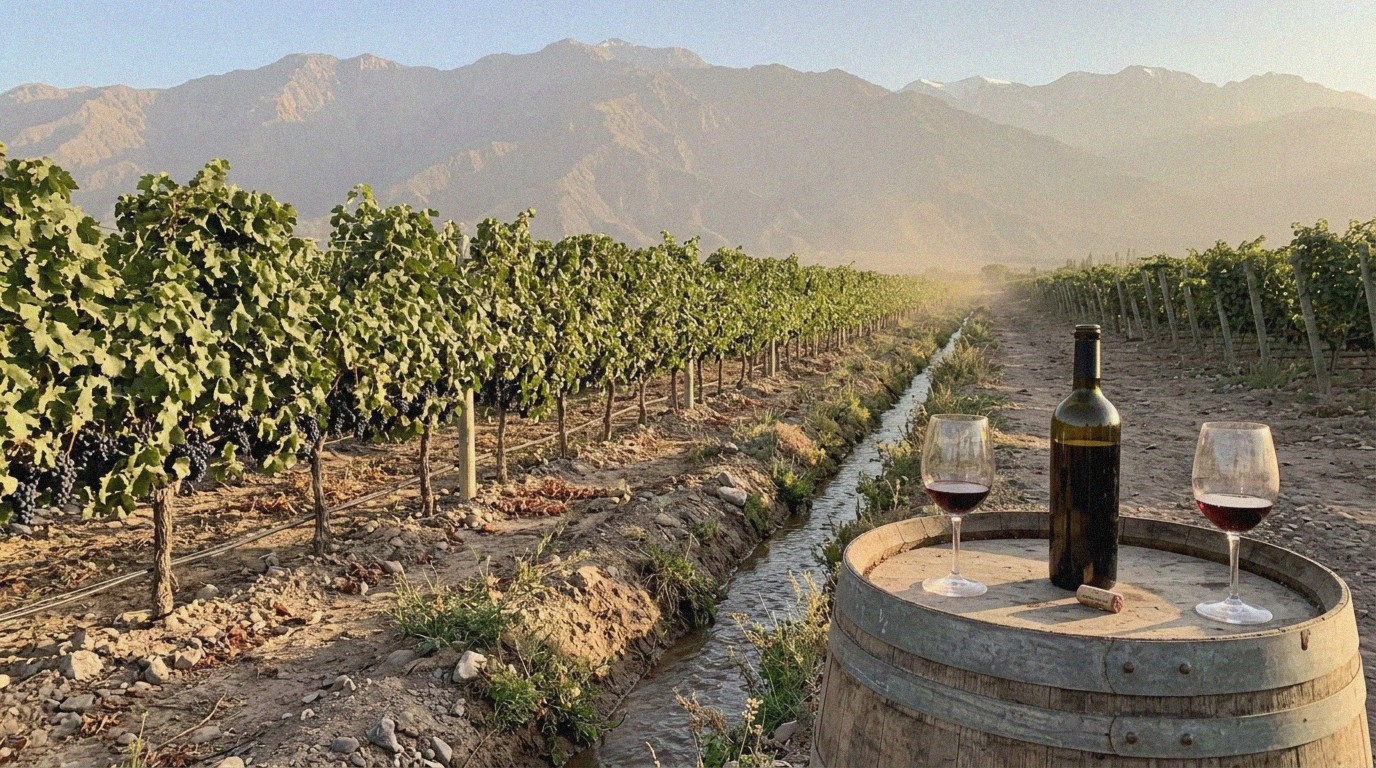 Vineyard rows with the Andes wall
